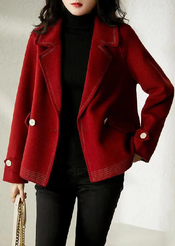 Women's Coats with BeltElegant Wine Red Peter Pan Collar Button Patchwork Woolen Coats Fall