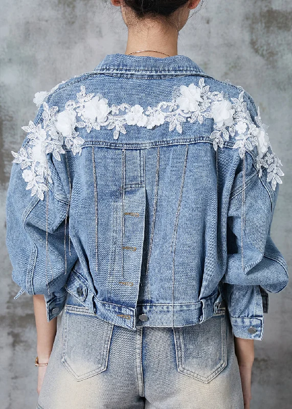 Women's Coats with Fur TrimFine Blue Tasseled Patchwork Lace Flower Denim Short Coats Spring