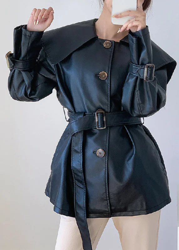 Women's Leather CoatsFashion Black Tie Waist Button Patchwork Faux Leather Jacket Fall