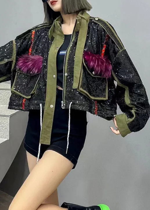 Women's Coats with Fur Trimmed CollarFine Green Pockets Zip Up Sequins Patchwork Denim Short Coat Spring