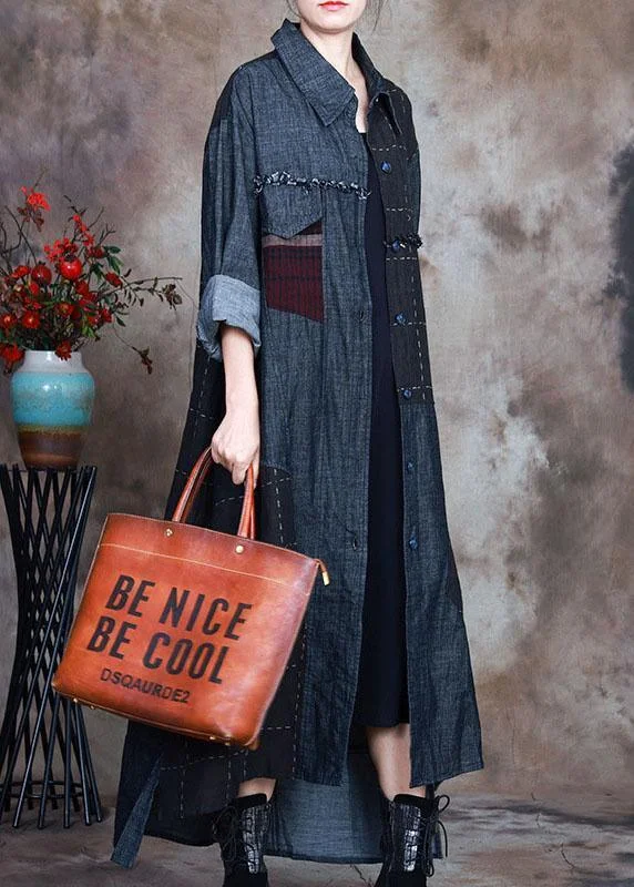 Women's Coats with BeltFashion Blue PeterPan Collar Plaid Patchwork denim Winter Coat