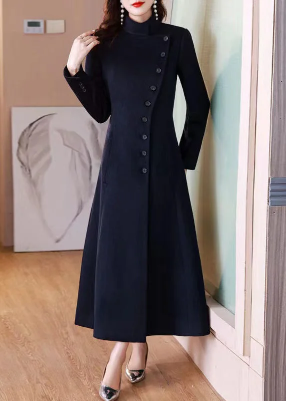 Women's Coats with Fur Trimmed ButtonsElegant Navy Peter Pan Collar Button Woolen Long Coat Winter