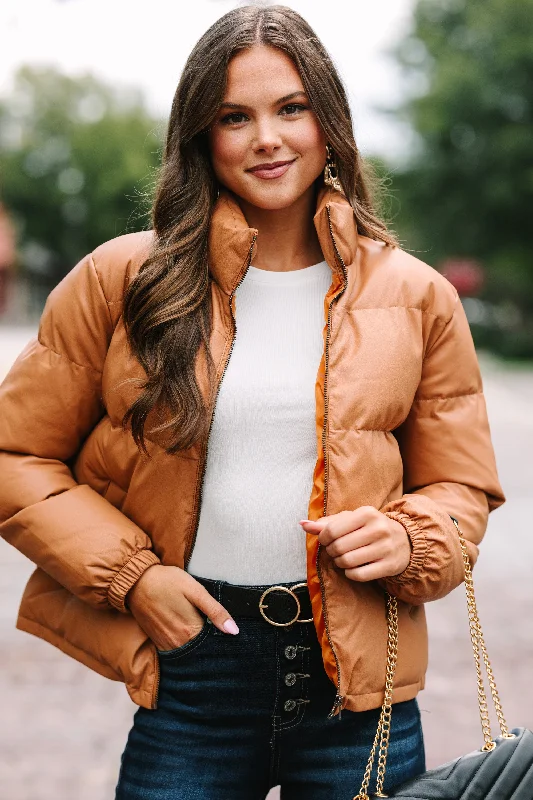 Women's Zip-Up CoatsGive It Your All Camel Brown Faux Leather Puffer Jacket