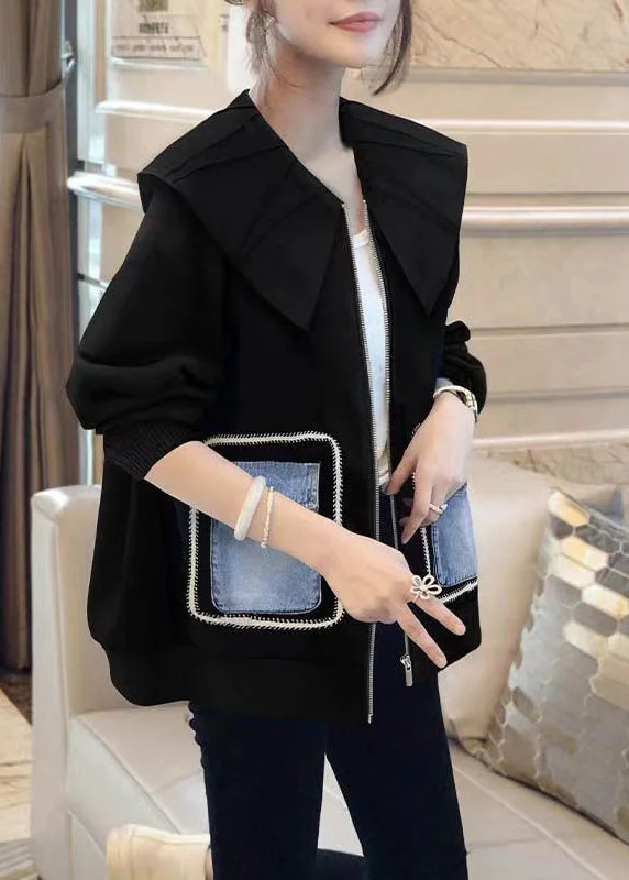 Women's Coats with Fur Trimmed PocketsFrench Black Peter Pan Collar Patchwork Cotton Coats Fall