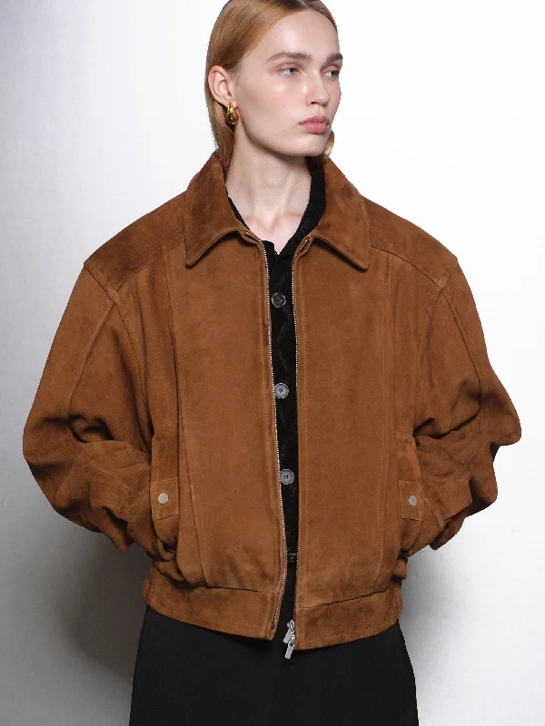 hats with built-in fans and sunglasses for beach daysLambskin Suede Bomber Jacket, Cognac