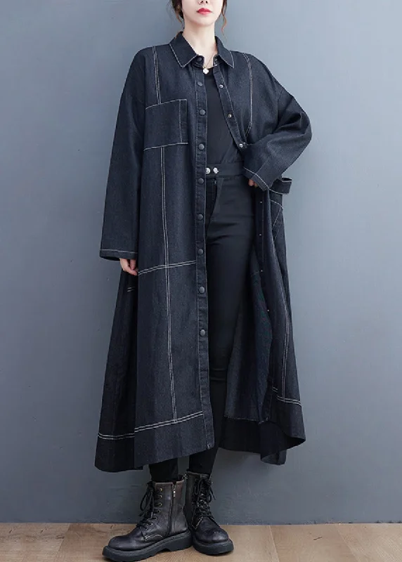 Women's Coats with SleevesFrench Black Button Pockets Denim Long Trench Coat Fall