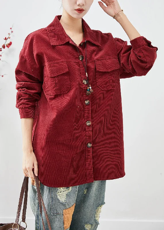 Women's Coats with CollarDull Red Corduroy Shirt Coats Oversized Button Down Fall