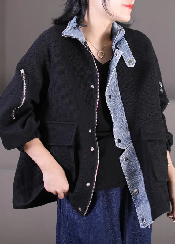 Women's Coats with Fur Trimmed ZipperFashion Black Stand Collar Zippered Button Pockets Denim Patchwork Coats Long Sleeve