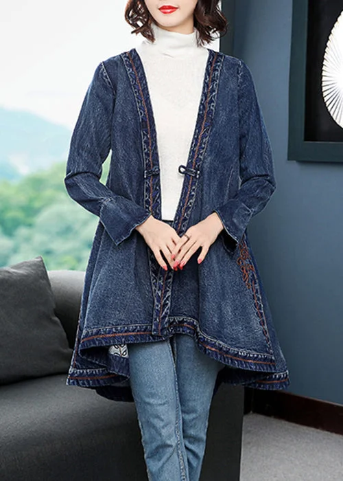 Stylish Women's CoatsFashion Blue low high design V Neck Embroideried Cotton Denim trench coats Long Sleeve