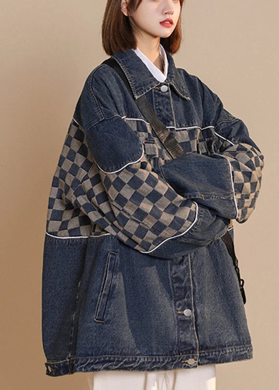 Women's Coats with Fur LiningFashion Black Peter Pan Collar Plaid Patchwork Button Cotton Denim Coat Fall