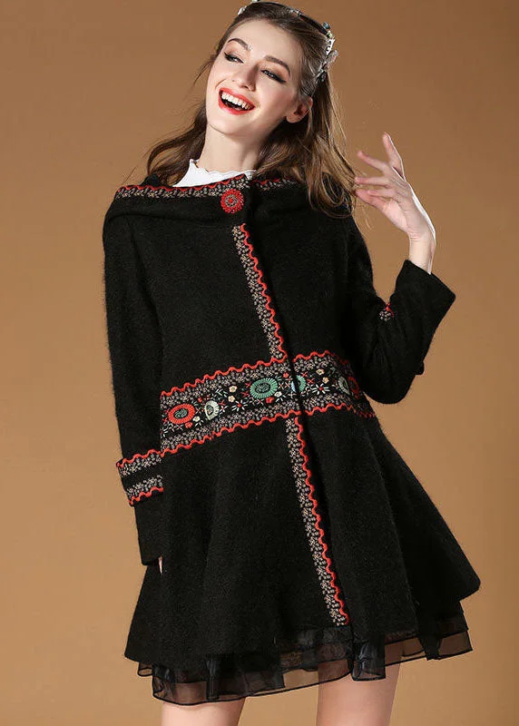 Women's Coats with Fur Trimmed CollarElegant Black Hooded Embroideried Woolen Coat Winter