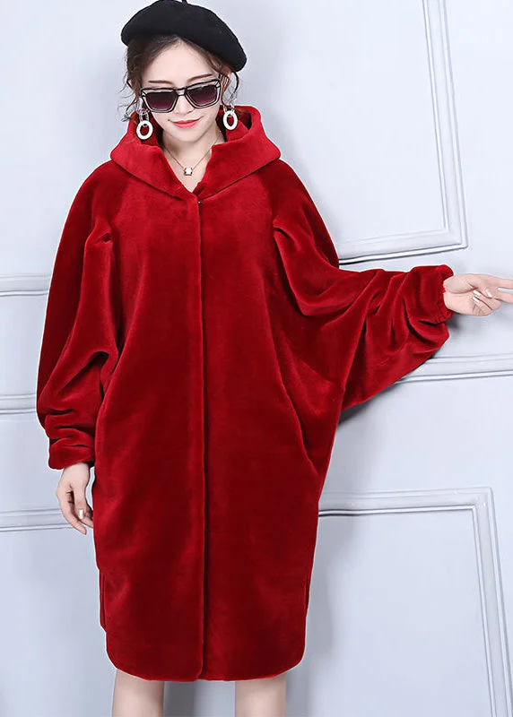 Women's Quilted CoatsFashion Red Oversized Wrinkled Cashmere Jackets Batwing Sleeve