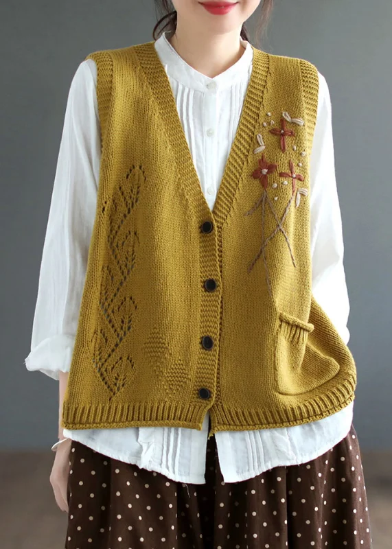 Women's Coats with Fur Trimmed HoodElegant Yellow V Neck Button Patchwork Cotton Knit Waistcoat Sleeveless