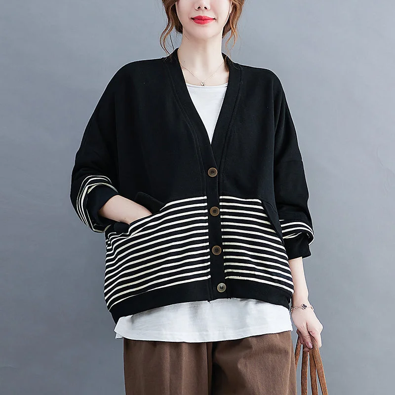 Women's Long CoatsFrench Black V Neck Pockets Striped Patchwork Coats Long Sleeve