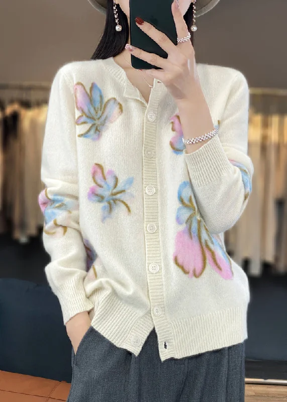 Women's Rain CoatsFloral White O Neck Button Cotton Knit Coat Spring