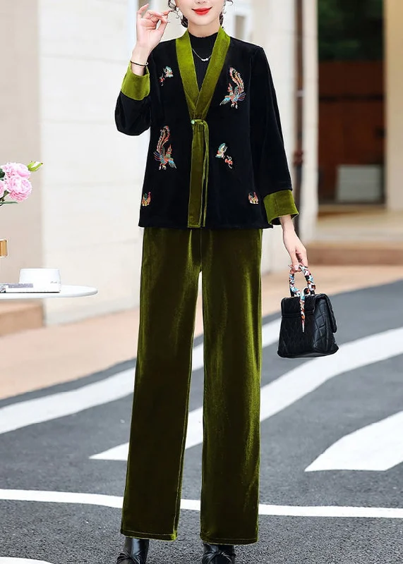 Women's Coats with Fur Trimmed BeltElegant Green V Neck Embroideried Silk Velour Coats And Pants Two Piece Set Fall