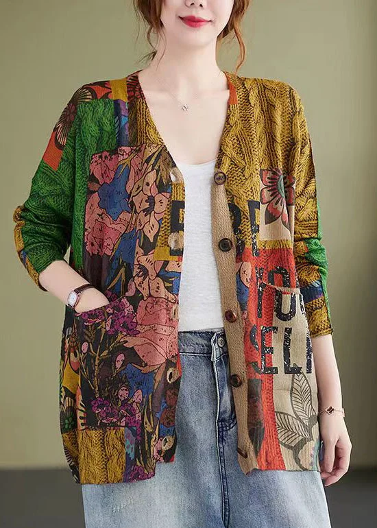 Women's Coats with Fur Trimmed ZipperFloral Print Patchwork Cotton Knit Coat V Neck Long Sleeve