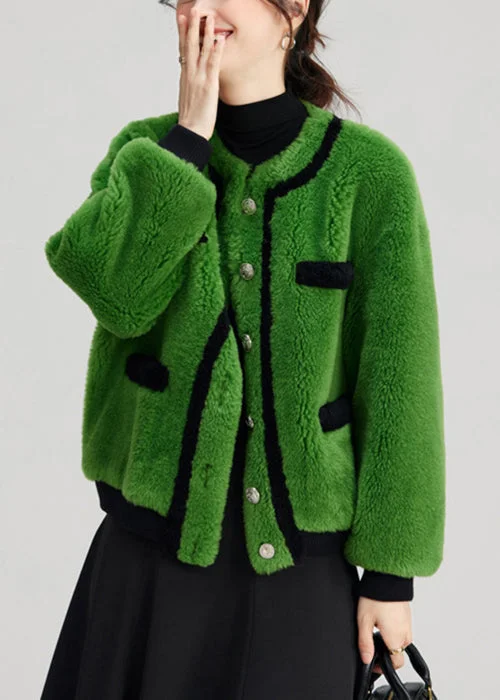 Women's Coats with Fur Trimmed HoodElegant Green Button Pockets Fuzzy Fur Fluffy Coats Long Sleeve