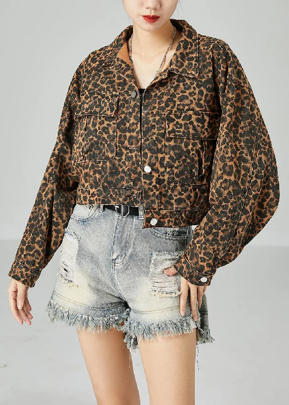 Women's Puffer CoatsFashion Coffee Peter Pan Collar Leopard Print Pockets Cotton Coats Spring