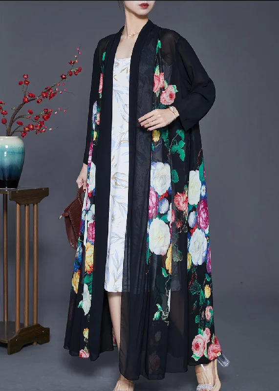 Women's Long CoatsFine Black Oversized Print Chiffon UPF 50+ Coat Cardigan Spring