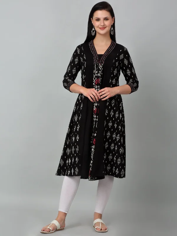 Women's Coats with Fur Trimmed HoodWomen's Casual V Neck Black All over Printed Knee Length Kurti