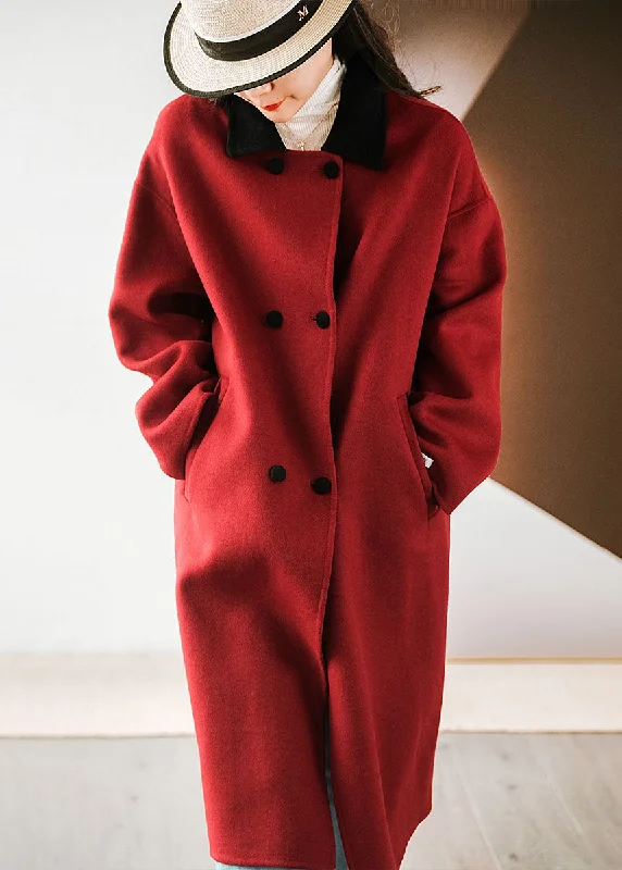 Women's Long CoatsFrench Red Colorblock Peter Pan Collar Patchwork Double Breast Woolen Coats Winter