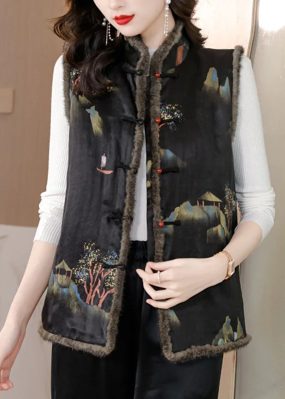 Women's Leather CoatsFine Black Pockets Print Button Mink Hair Waistcoat Winter