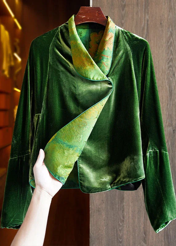 Women's Coats with CollarFitted Green Silk Velour Coats Notched Long Sleeve