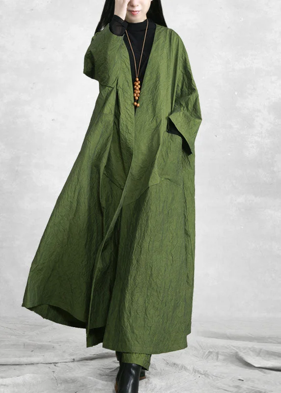 Women's Rain CoatsFashion Green V Neck Pockets Trench Coats And Wide Leg Pants Two Pieces Set Spring