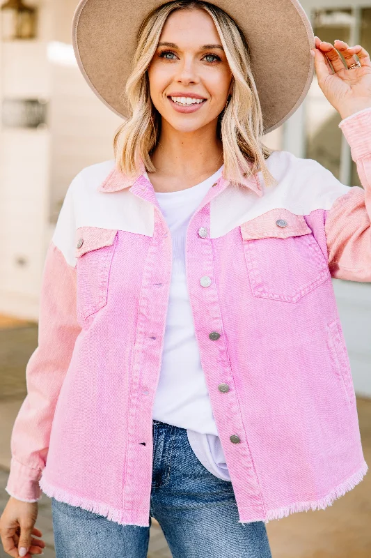 Women's Coats with Fur Trimmed HoodWith Ease Pink Colorblock Denim Jacket