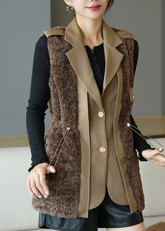 Women's Bomber CoatsFine Chocolate Notched Patchwork Button Faux Fur Waistcoat Fall