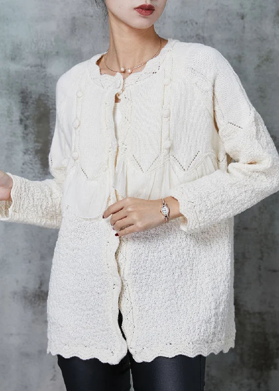 Women's Coats with Fur Trimmed PocketsElegant White Ruffles Patchwork Knit Coat Outwear Spring