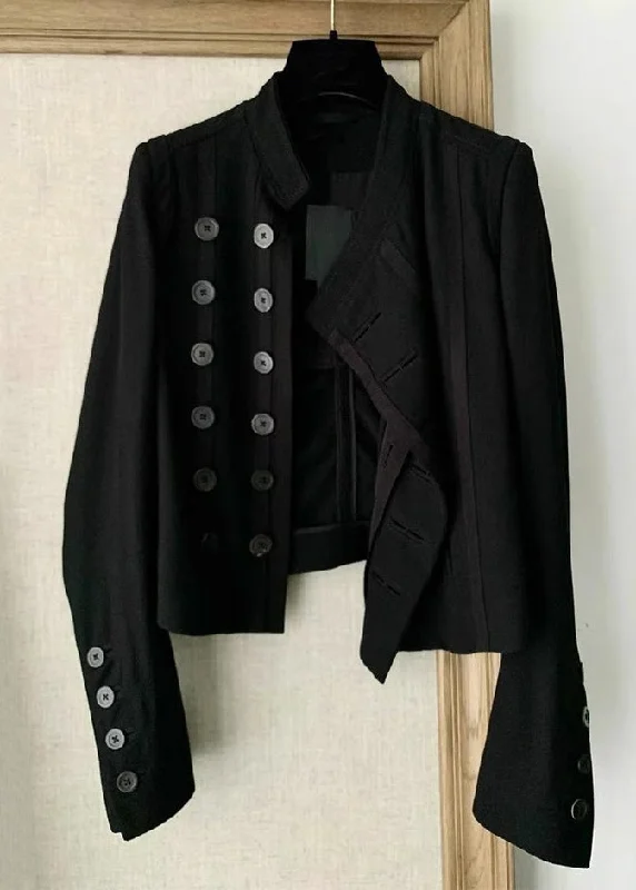 Women's Parka CoatsElegant Black Button Patchwork Cotton Coat Long Sleeve