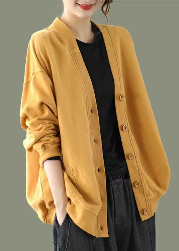 Women's Coats with Fur Trimmed ButtonsElegant Yellow V Neck Button Patchwork Warm Fleece Sweatshirt Coat Fall