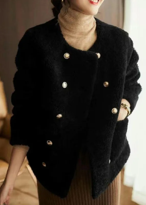 Women's Coats with Fur TrimElegant Black O Neck Pockets Patchwork Wool Coats Winter