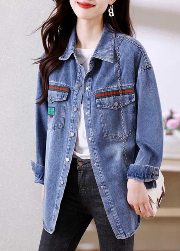 Women's Coats with Fur Trimmed CollarFitted Blue Peter Pan Collar Button Patchwork Denim Coats Long Sleeve