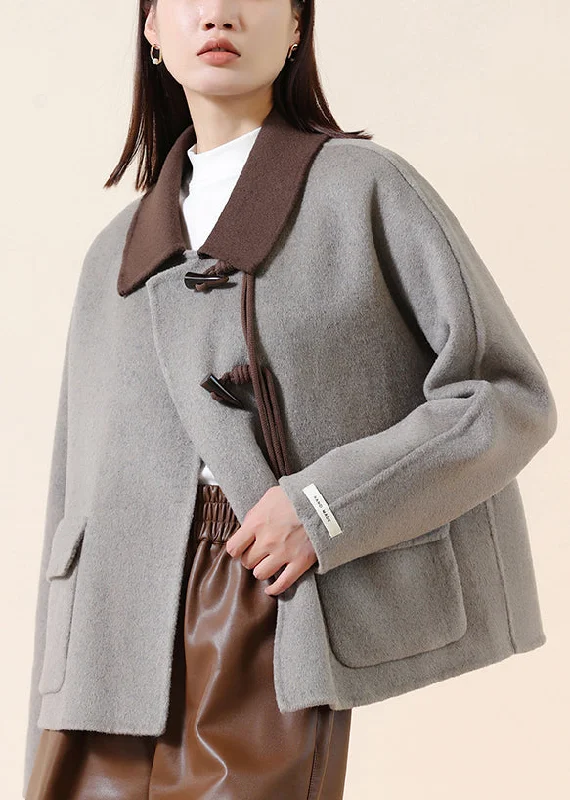 Women's Coats with Fur Trimmed ZipperFashion Grey Tasseled Patchwork Chinese Button Wool Coats Winter