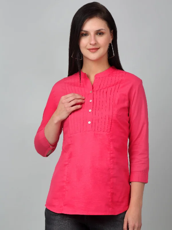 Women's Coats with SleevesWomen's Casual  Pink Solid Mandarin Collar Tunic