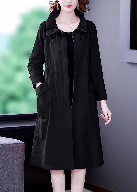 Women's Coats with HoodFitted Black Drawstring Zip Up Pockets Silk Coat Long Sleeve