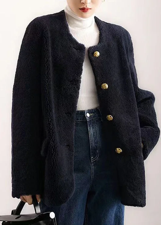 Women's Button-Up CoatsElegant Navy O Neck Pockets Button Patchwork Wool Coat Winter