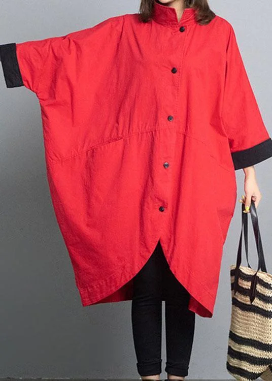 Women's Coats with ZipperFitted Red Loose Bat wing Sleeve Turtleneck Fall trench coats