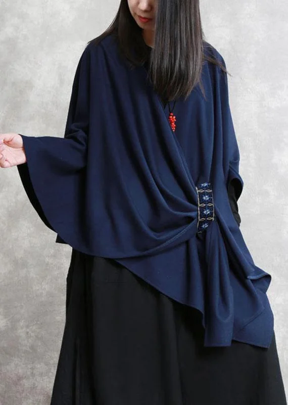 Women's Puffer CoatsFrench Navy Embroideried Asymmetrical Design Fall Cloak Sleeves Coat