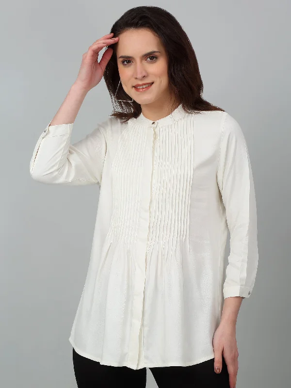 Women's Button-Up CoatsWomen's Casual  Offwhite Solid Mandarin Collar Tunic