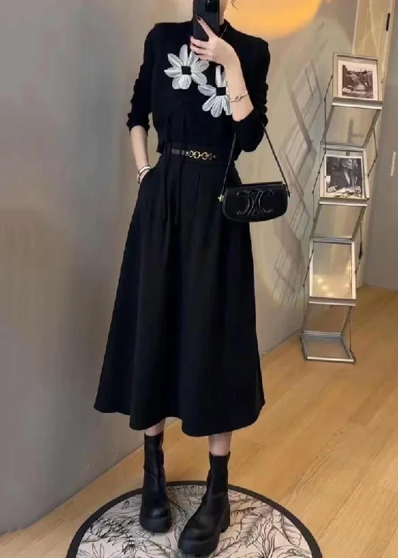 Women's Button-Up CoatsFloral Black O Neck Pockets Patchwork Three Pieces Set Waistcoat Sleeveless