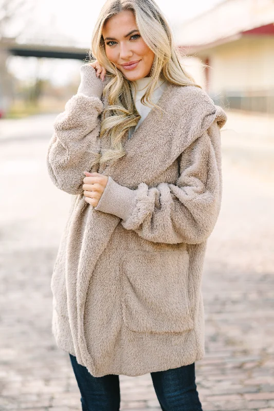 Women's Coats with Fur Trimmed CollarAll An Act Taupe Brown Faux Fur Jacket