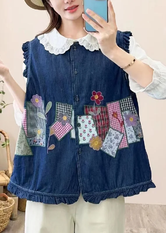 Women's Coats with SleevesCute Navy Embroidered Patchwork Button Waistcoat Sleeveless