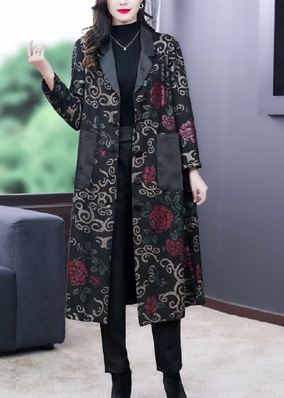 Women's Rain CoatsFrench Black Peter Pan Collar Patchwork Pockets Print Trench Coat Fall