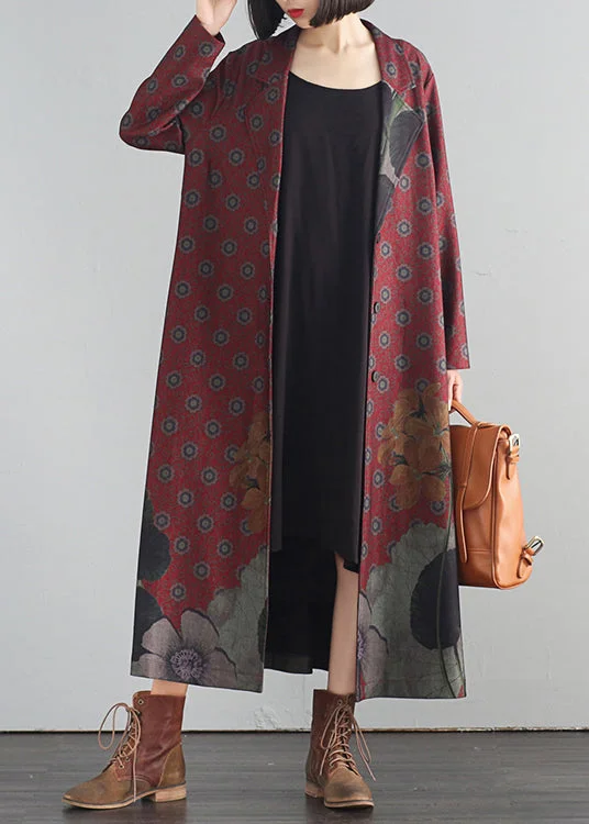 Women's Trench CoatsElegant Red V Neck Print Button Maxi Trench Coats Fall