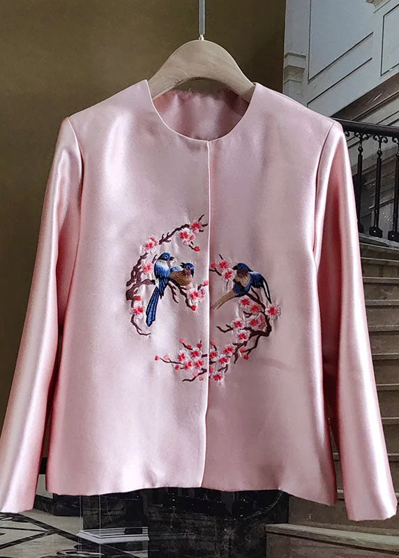 Women's Zip-Up CoatsFine Pink O-Neck Embroidered Patchwork Silk Coat Spring