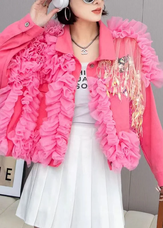 Women's Trench CoatsFashion Pink Tulle Ruffled Tasseled Patchwork Denim Jackets Spring